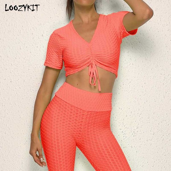 

women slim fitness drawstring short sleeve yoga yoga pants breathable sweat sports gym leggings sport set tracksuit, White;red