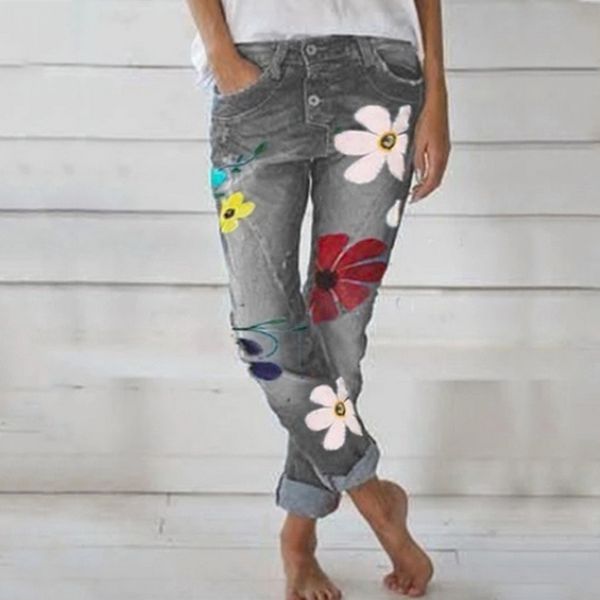 

new brand slim women jeans 2019 fashion floral pattern jeans trouser autumn long button denim trousers fit straight leg joggers, Blue