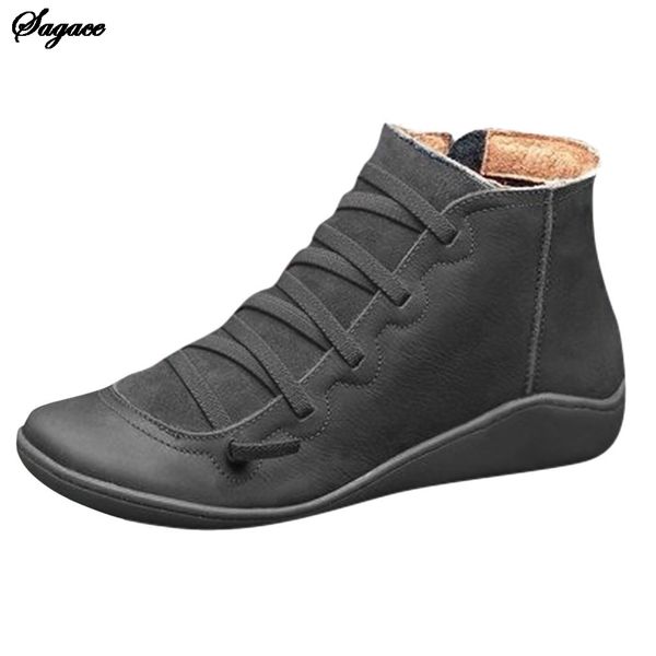 

sagace winter boots women casual flat leather lace-up boots side zipper round toe shoes woman, Black