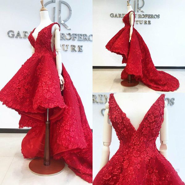 

2020 red high low prom dresses lace 3d floral appliqued a line sweep train evening dress party wear custom made formal occasion gown, Black;red