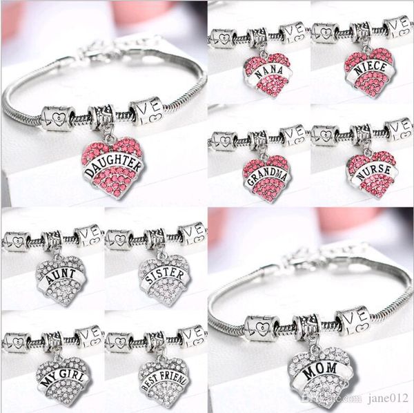 

selling family member bracelet rhinestone heart charm bracelet bangle familia love alloy jewelry white pink blue wholesale, Golden;silver