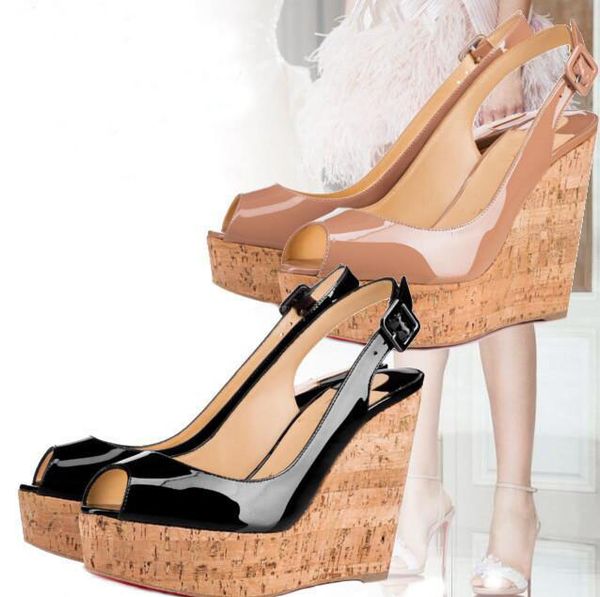 

120/140mm red bottom heels women high heels patent leather wedge shoes women heels une plume flamingo wedge sandal, Black