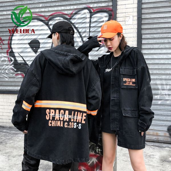

2019 dropshipping denim jacket men autumn hip hop oversized hooded jacket button cardigan couple high street long sleeve, Black;brown