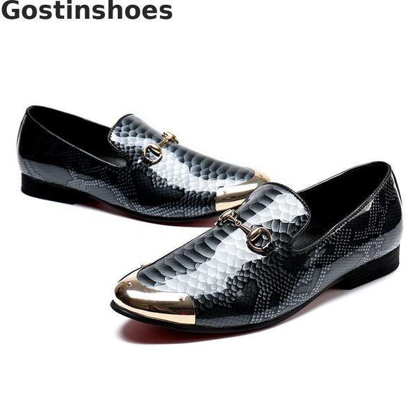 

men loafers men leather shoes casual black genuine leather snakeskin printed slip-on metal capped toe fashionable comfortable