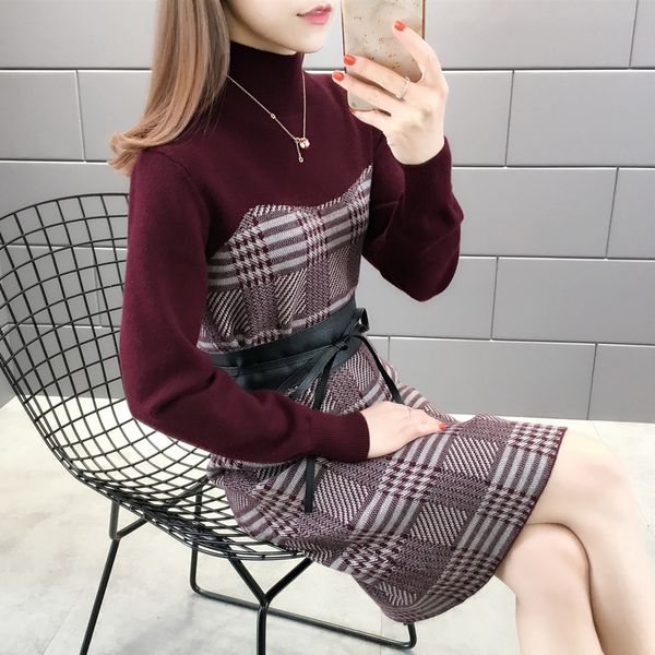 

505357 [зона n-вправо] - реальный выстрел - весной новый половина высокого воротника пояс плед два куска свитера 2019ag, White;black