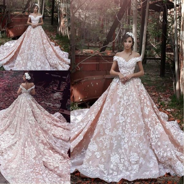 

2020 vestido de noiva new design arabic v-neck cap sleeve chapel train appliques a-line lace luxury long wedding dresses, White