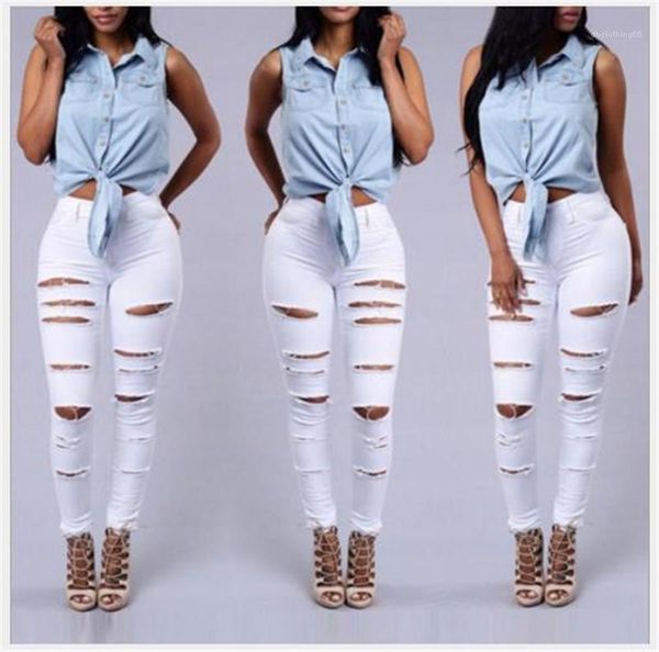 

jeans women hole solid color casual skinny high waist pencil pants fashion womens jeans slim designer, Blue