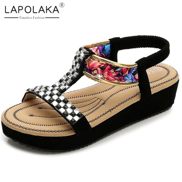 

lapolaka 2020 dropship wedge heels summer sandals woman shoes elastic band platform comfortable shoes women sandals, Black