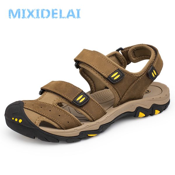 

mixidelai new fashion summer outdoor beach breathable men sandals genuine leather men's sandal man causal shoes plus size 39-47, Black