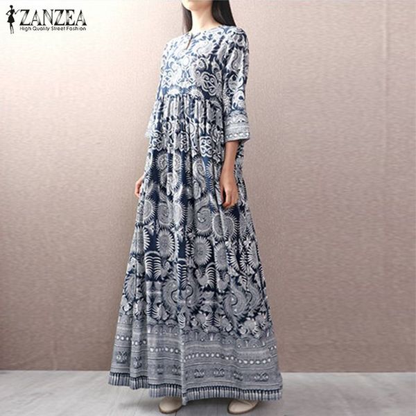 

women geometric long maxi dress bohemian vestidos 2020 zanzea vintage ladies cotton linen vestido casual buttons robe femme 5xl, Black;gray