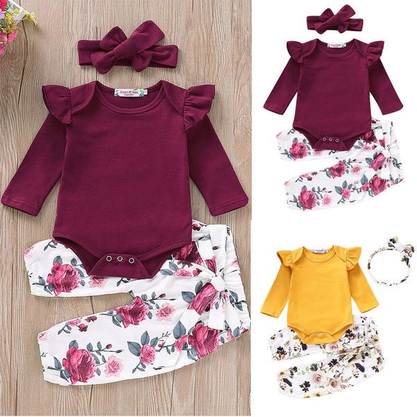 

toddler kids baby floral 3pcs ruffles clothes sports jumpsuit romper pants headband outfit set, Black;blue