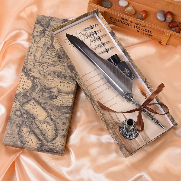 

1set vintage calligraphy feather dip writing pen ink set stationery gift box with 5 nib festival gift quill fountain pen