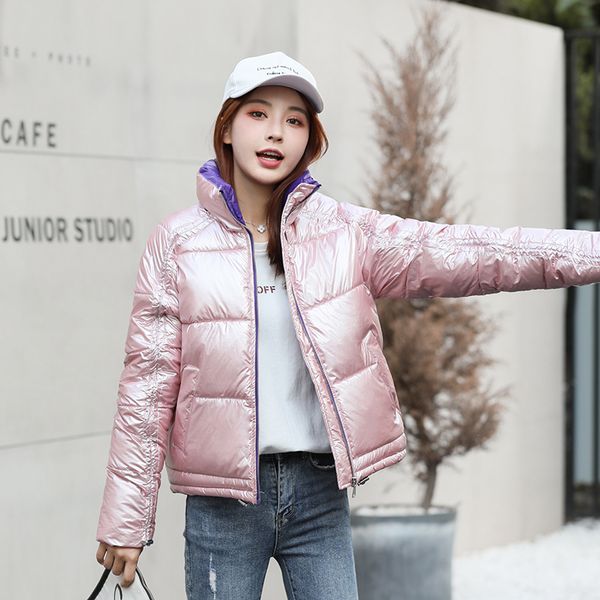 

tide glossy jacket women winter fashion warm thick solid short style cotton padded parkas coat stand collar, Black