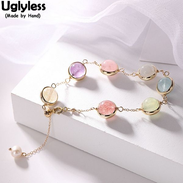 

uglyless gemstones 7-color balls rainbow bracelets for women real 14k gold thin chains charm bracelet natural pearl fine jewelry, Golden;silver