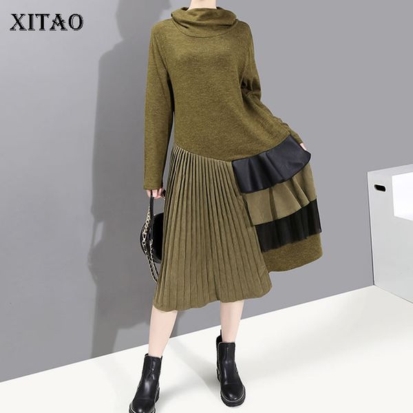 

xitao pleated women dress fashion new 2019 winter patchwork pleated patchwork elegant turtleneck full sleeve dress dmy1739, Black;gray