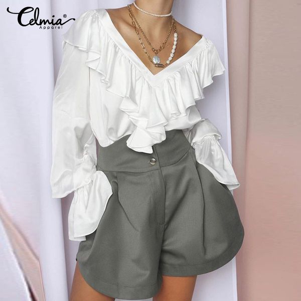 

s-5xl women ruffles shirts celmia spring summer v-neck elegant satin blouses long sleeve casual solid loose office blusas 7, White