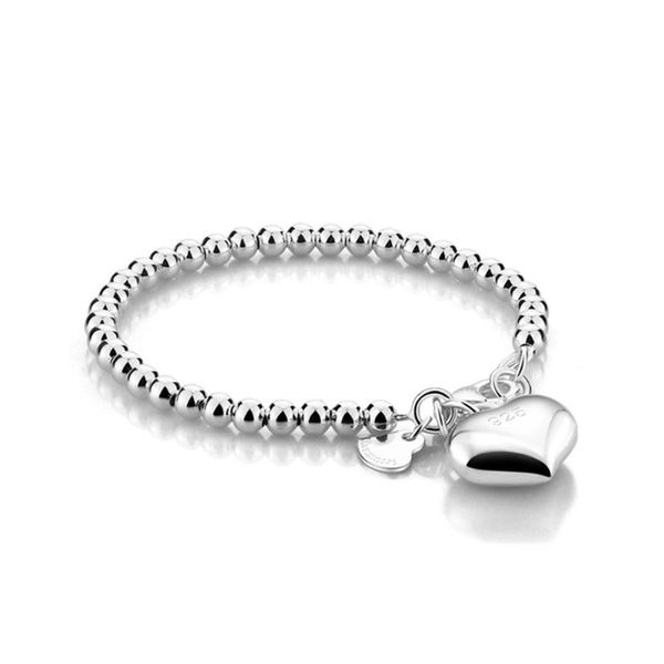 

link, chain 925 silver brief women round beads hand slave link fashion party girls gift decoration heart pendant jewelry, Black