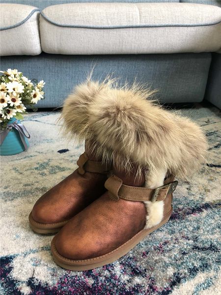 

fast shipping winter thick fox fur australian luxury platform snow boots mid boots women flat casual women warm boots size 35-40 05, Black