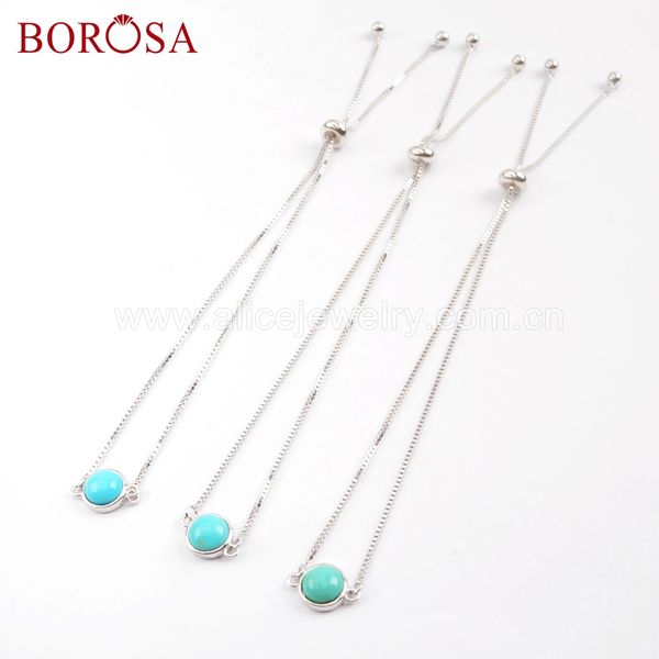 

borosa 5pcs 92.5% pure silver round natural tur-quoise adjustable bracelet natural blue stone silver chain bangle jewelry ss197, Black
