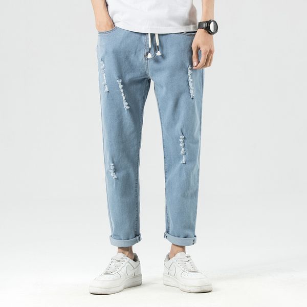 

men's jeans drawstring harem men 2021 brand mens ripped tapered ankle length denim jogger pants trousers loose cropped, Blue