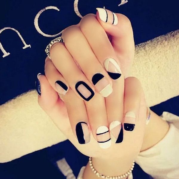 

24pcs cute black white geometry lattice fake nail press on women nail beauty tool artificial full square head tip with glue, Red;gold