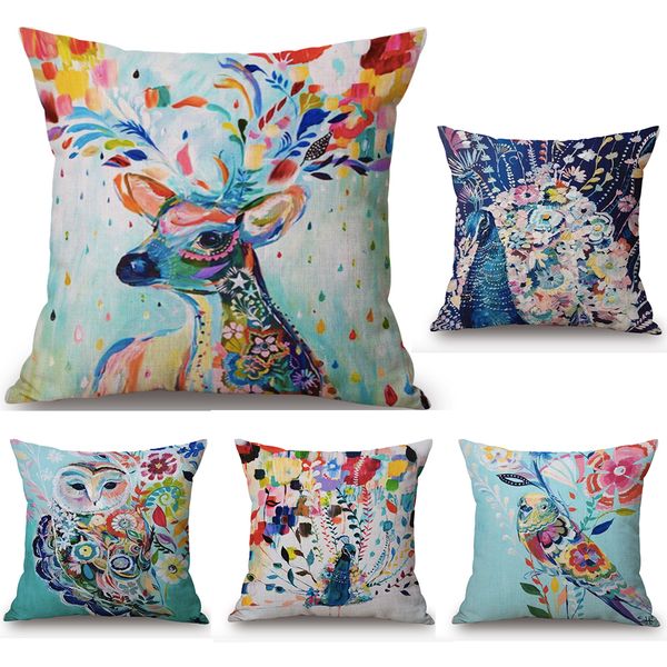 Watercolor Deer Peacock Owl Neck Body Pillowcase Linen Bed Pillows