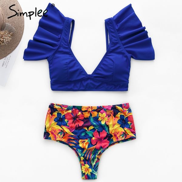 

simplee vintage print two pieces women bikini set deep v ruffles high waist swimsuit push up beachwear female swimwear set