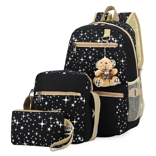 

3pcs/set women backpack school bags star printing cute lapbackpack with bear school for teenagers girls sac a dos