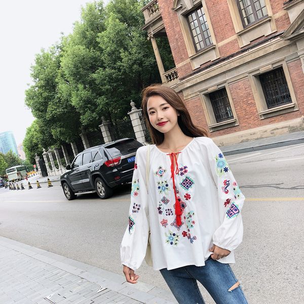 

new cotton linen blouse and shirt long sleeve women girls cute embroidery loose white red clothes tee shirt femme o neck blusas