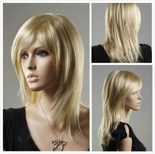 

fashion ladys women mid-long heat resistant blonde full wig, Black