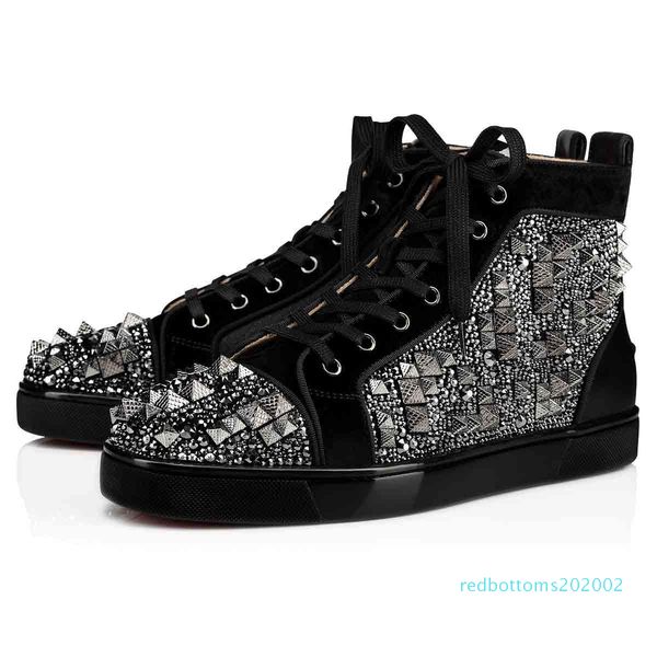 

luxury couple spiked traine full black velours high sneakers red bottom shoes men's spiked + different strass rhinestones new style r02