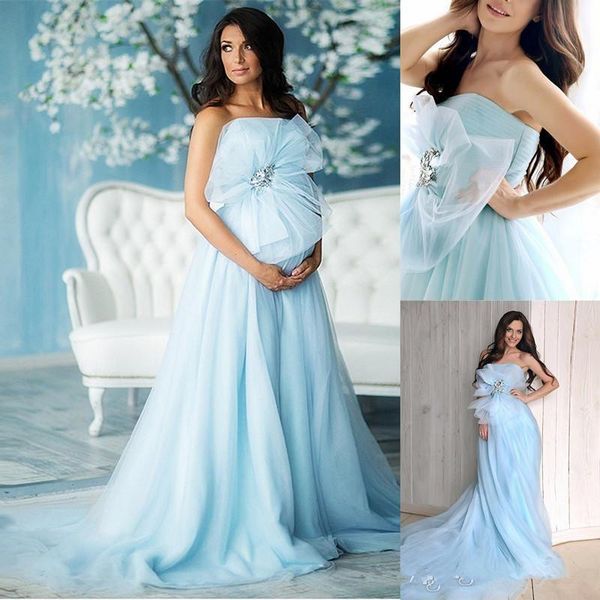 

strapless light sky blue maternity dresses evening gowns custom made tulle long sweep train pgraphy dress pregnant women prom dress, White;pink