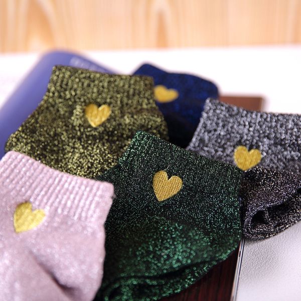 

glitter socks women socks short 5 pair pack fashion heart embroidered shiny ankle sock set filigree meias kawaii sox woman, Black;white