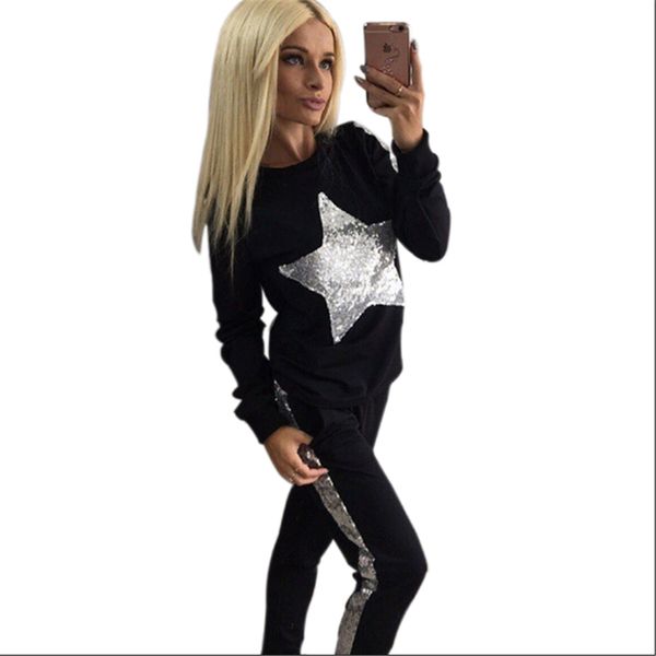 

2018 Spring Summer Women Tracksuits Set Tow Pieces ( Sweatshirts + Pants ) Silver Star Pattern Long Sleeve Costume Women Suit Set