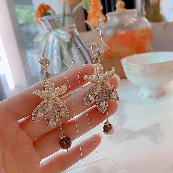 

mengjiqiao new exaggerated starfish pearl long drop earrings for women fashion leaf sea holiday jewlery boucle d'oreille party, Golden