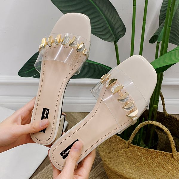 

flat shoes female womens slippers outdoor low slides pantofle rivet square heel summer 2020 block rubber metal, Black