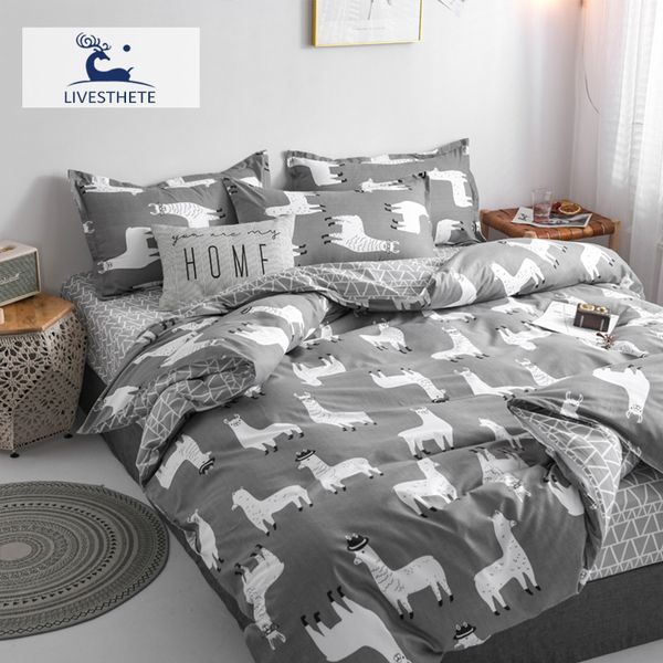 

liv-esthete fashion cartoon sheep gray bedding set soft printed duvet cover pillowcase  king bed sheet bedspread flat sheet