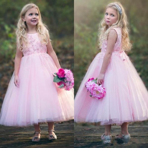 Vestidos da menina de flor lilás para casamentos no país ocidental uma linha princesa jóia pescoço comprimento do chá meninas vestido de aniversário