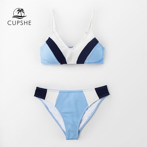 

cupshe blue navy and white color block bikini sets women sweet two pieces swimsuits 2019 girl beach bathing suits