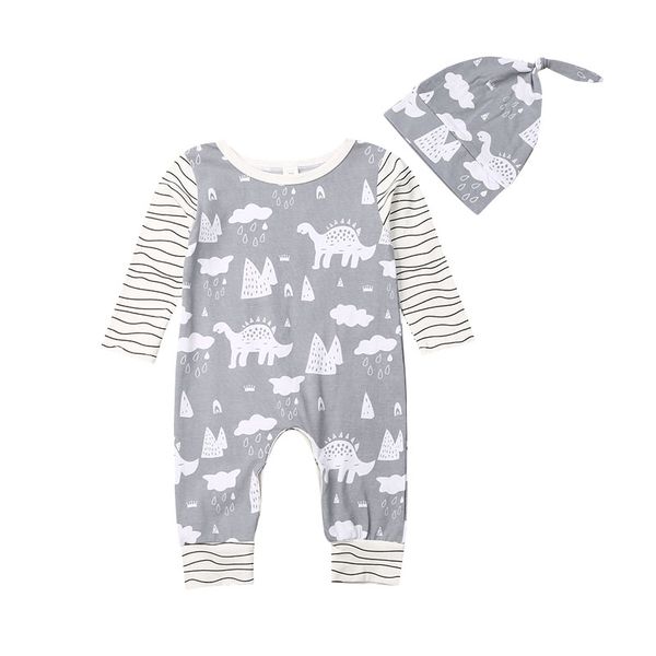 

new 0-24m boys girls jumpsuit infant baby clothes cartoon dinosaur print long sleeve rompers hat set kids newborn clothing i, White