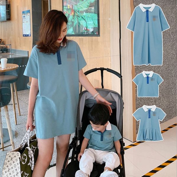 

2020 parent-child clothing a family of three fashionable female dress clothing foreign-style female short-sleeved t-shirt brother and sister, Blue