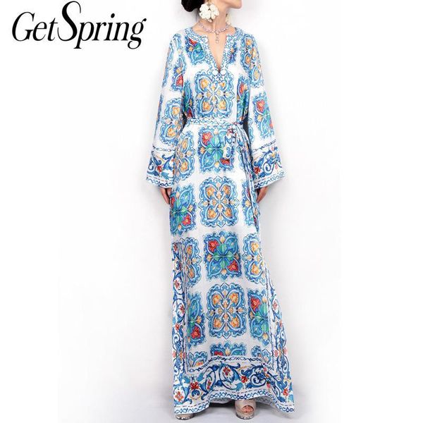 

getspring women dress v neck print long sleeve maxi dresses loose split bohemia dresses long print floral maxi dress 2019, Black;gray
