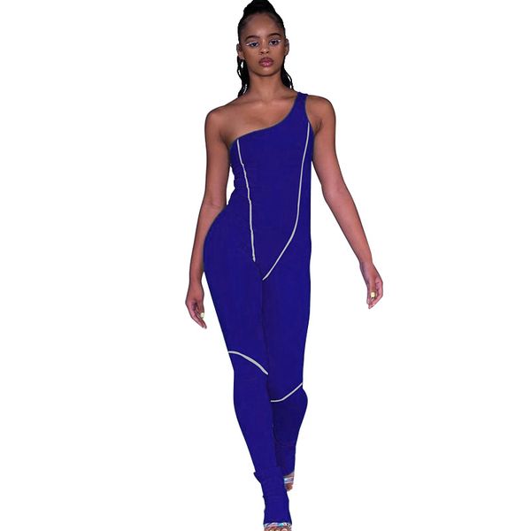 

women summer one shoulder jumpsuit elegant lady fitness skinny sleeveless line print fashion jumpsuit high street catwalk, Black;white