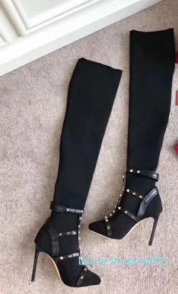 

autumn and winter womens black stretch knit sock fabric with real leather thigh-high over the knee gold spike buckle strap boots
