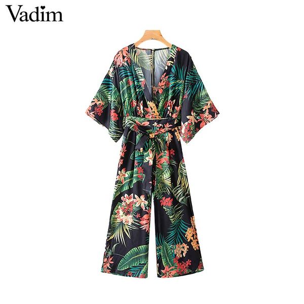 

vadim women vintage print pattern long jumpsuit v neck bow tie sashes backless pockets female causal beach wear ka655, Black;white
