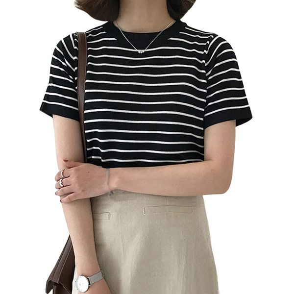 

summer harajuku t shirt casual o neck striped short sleeve knitted t shirt female slim t-shirt women fashion clothes, White