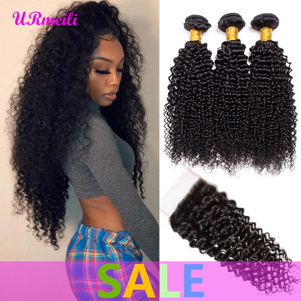 

kinky curly human hair weave bundles with closure, Black;brown