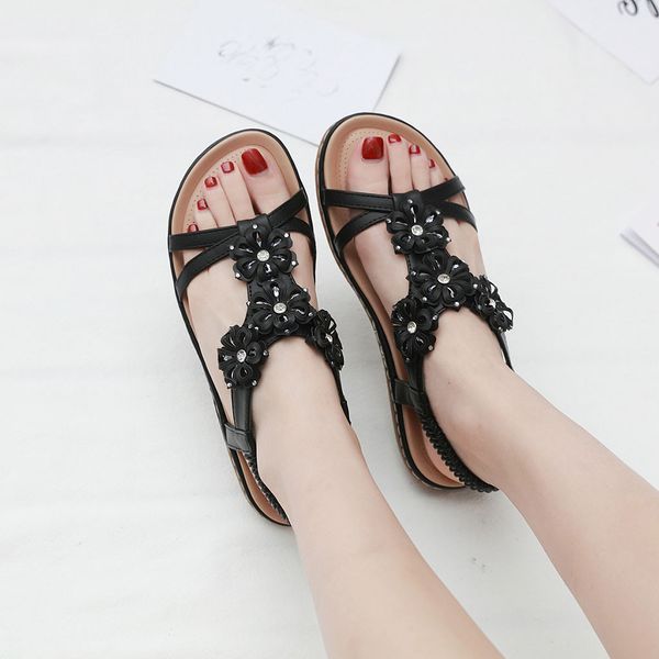 

women flat sandals nice floral boho sandals women casual summer shoes low heel gladiator shoes, Black