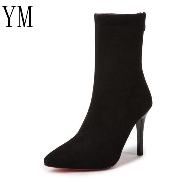 

new women sock boots pointed toe elastic high slip on heel high ankle pumps stiletto botas mujer high boots zapatos muje 2019, Black