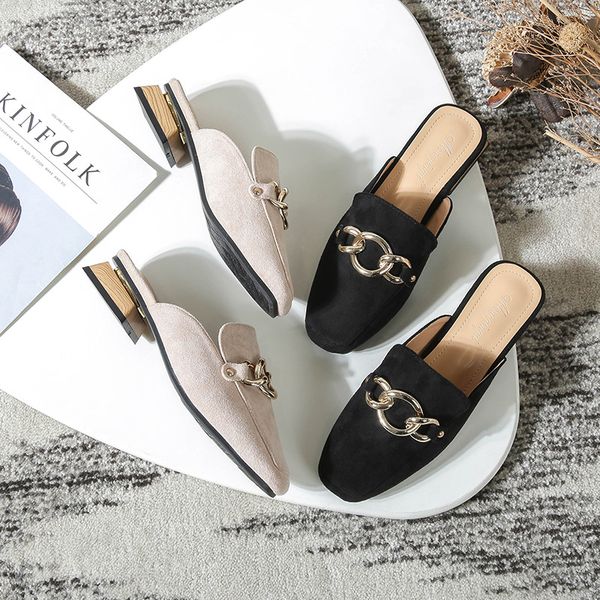 

chunky heel mules women big size shoes flock square toe slippers wood heels slides metal decoration slip on mule zapatos mujer, Black